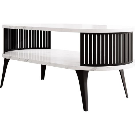 Mesa de centro Vitum III, Negro + Mármol blanco, 44x50x100cm, Diámetro: 0, Aglomerado laminado, Ovalada