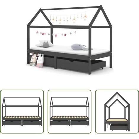 vidaXL Schubladenbett - Kinderbett mit Schubladen Dunkelgrau Massivholz Kiefer 90x200cm (1/5)