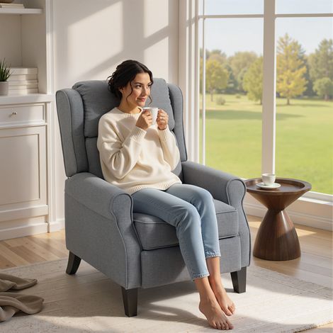 Gris - Fauteuil inclinable 132° max avec repose-pieds et ressorts à poche, fauteuil rembourré en lin, 74x84x102 cm (1/5)
