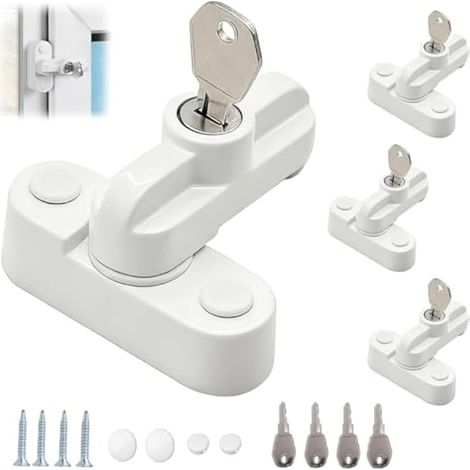 Lot de 4 verrous de sécurité supplémentaires en alliage pour fenêtre extérieure avec 2 clés, verrou à boucle en forme de T pour fenêtre simple ou double (blanc) (1/5)