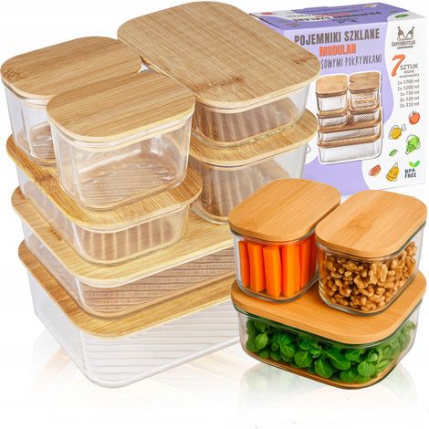 Modulare Glasbehälter (7 Stück) - 2x 310 ml + 2x 520 ml + 1x 750 ml + 1x 1200 ml + 1x 1700 ml mit Bambusdeckeln