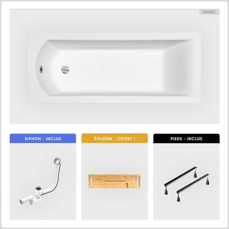 Baignoire rectangulaire - 160 x 70 cm - sans Habillage - avec Pieds - Étagère bambou - Vidage Chrome - SHEA (1/5)