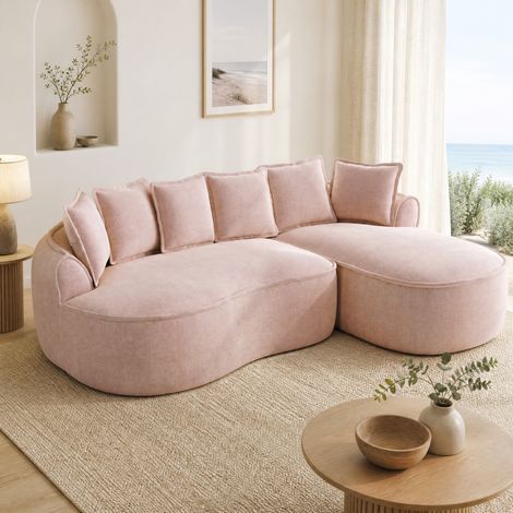 Canapé avec méridienne modulable sans cadre en chenille rose, assise profonde 122 cm, sans montage (1/5)