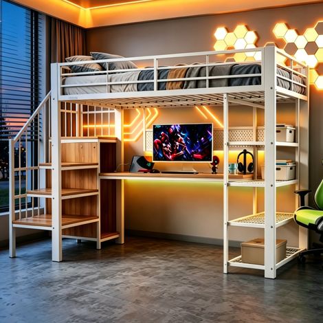 Lit mezzanine 90x200 cm, avec bureau long, panneau perforé, prises européennes, LED, étagères et garde-corps haut, métal et bois, Blanc (1/5)