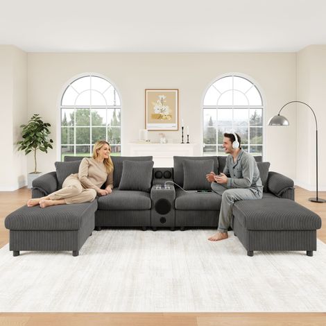 Canapé modulaire avec Bluetooth et console,canapé 6 places en U et L,ports USB,porte-gobelets,rangement,chargement sans fil,velours côtelé(Gris) (1/5)