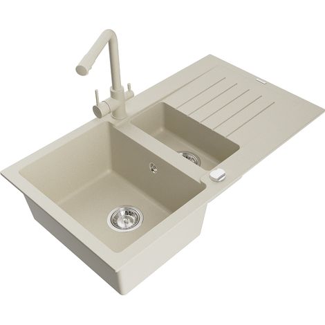 Mexen Matias 1,5-Becken-Granitspüle mit Abtropffläche und Mischbatterie Duero, Beige - 6502-69-67160