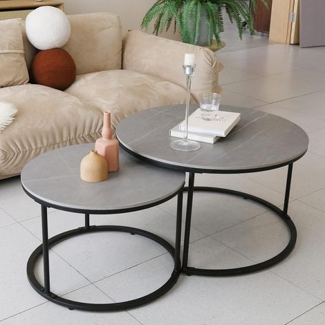 Set 2 Tavolino da Caffe Marmo Tavolino da Salotto Rotondo Grigio 80cm 60cm (1/5)