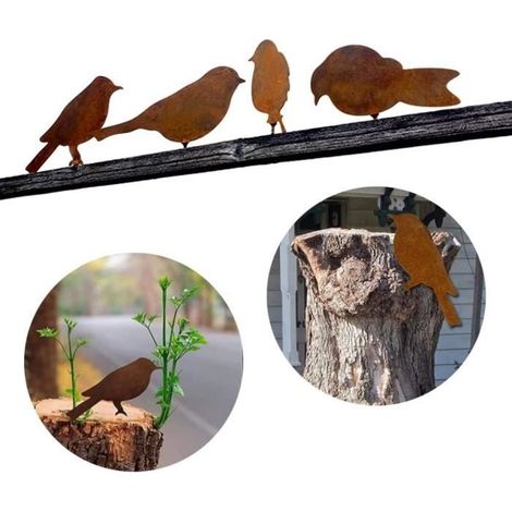 Gartendekoration - Vögel aus Metall mit Rost-Effekt - Set aus 4 Stück - Verschiedene Größen