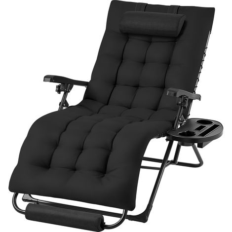 Homevive Silla Plegable de Gravedad Cero con Cojín Grueso Tumbona Reclinable con Reposacabezas Portavasos Negro (1/5)