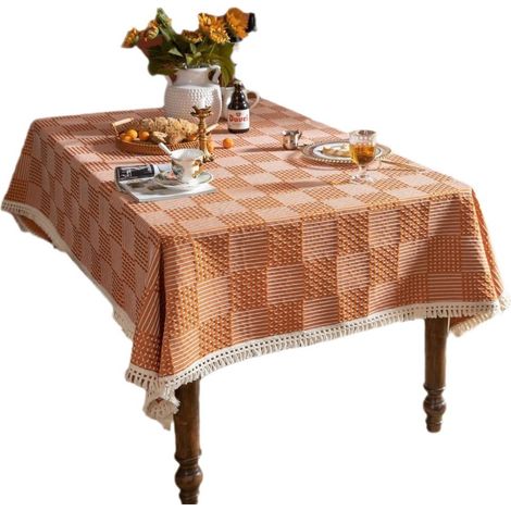 Große Tischdecke, 140 x 300 cm, aus Polyester, ideal für Hochzeiten, geometrisches Jacquardmuster, mit Pompons.