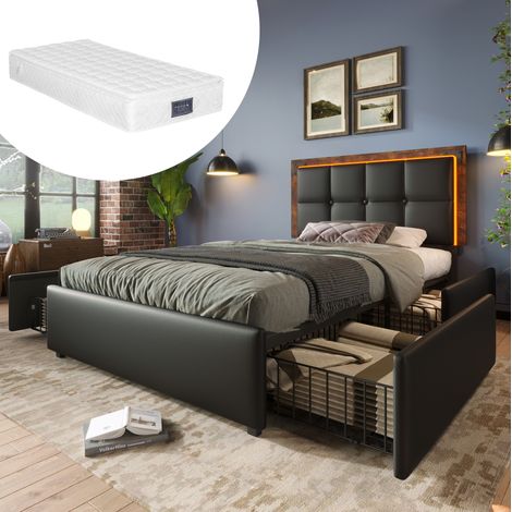 FLORAGRACE Lit 90x200 cm en PU noir avec LED, 4 tiroirs, tête de lit réglable (1/5)