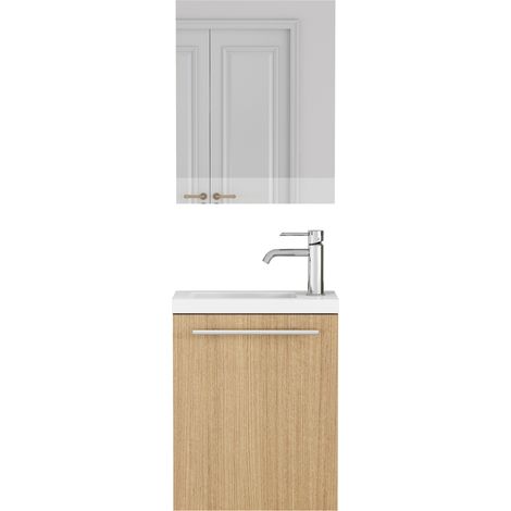 Mobile bagno sospeso con lavabo in ceramica e specchio, MDF effetto rovere (1/4)