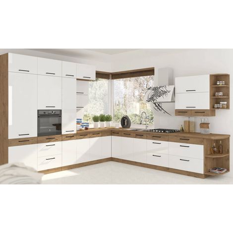 Azura Home Design – Cuisine complète modulable blanche 330x340 cm – 19 modules – Finitions mate et brillante – Système de fermeture douce (1/5)