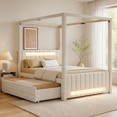 DESMIU Lit combiné 140 × 200 cm 2 places avec lit d'appoint, 3 tiroirs, LED, sans matelas, beige (1/5)