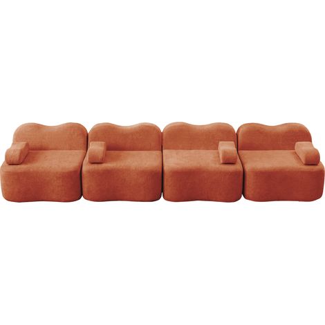 Canapé modulaire sans ossature 4 places, forme ondulée, mousse haute densité 32D, assise profonde, coussin d’accoudoir mobile, idéal pour le salon, orange (1/5)