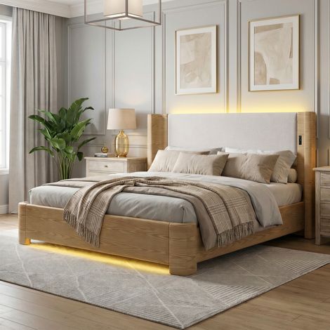 Cama tapizada de 180x200 cm con iluminación LED, sistema de almacenamiento de aire y estación de carga USB/Tipo-C, cama doble moderna con sincronización de música y control por aplicación, tejido agra (1/4)