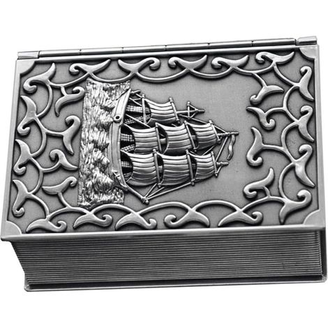 Boîte à Bijoux Vintage en Alliage de Zinc Argenté Motif Bateau Pirate, Organisateur Élégant aux Bords Lisses, pour Rangement Bijoux Voyage (1/5)