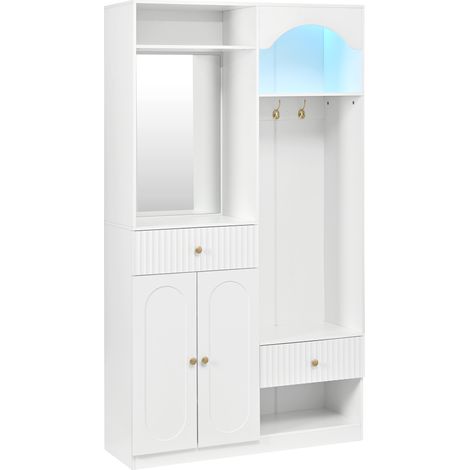 Penderie d'entrée compacte avec miroir, banc, meuble à chaussures, crochets et bande LED couleur réglable, rangement pratique,Blanc (1/5)