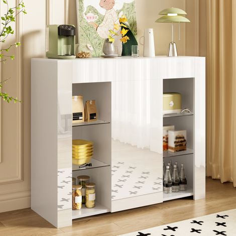 Buffet 95x35x83 cm blanc en panneaux de particules avec façade brillante, étagères en verre et porte (1/5)