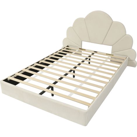 Beiges Samt-Doppelbett 140x200 cm mit geschwungenem Blütenkopfteil MODENUIT (1/5)