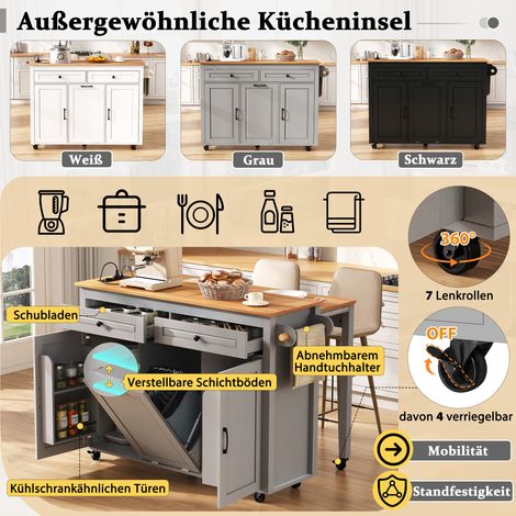 Îlot de cuisine mobile sur roulettes, table extensible avec plan de travail et compartiment poubelle, îlot roulant autoportant avec prises électriques, parfait pour cuisine et salle à manger (Gris) (1/5)