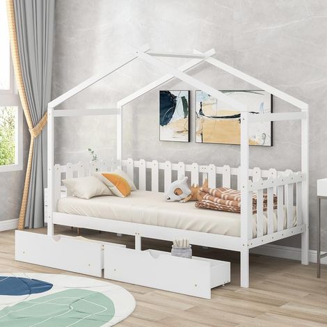 90 x 200 wooden labels with inscription Hausform mit zwei Schubladen Kinderbett Hausbett für Jungen & Mädchen (white) (1/5)