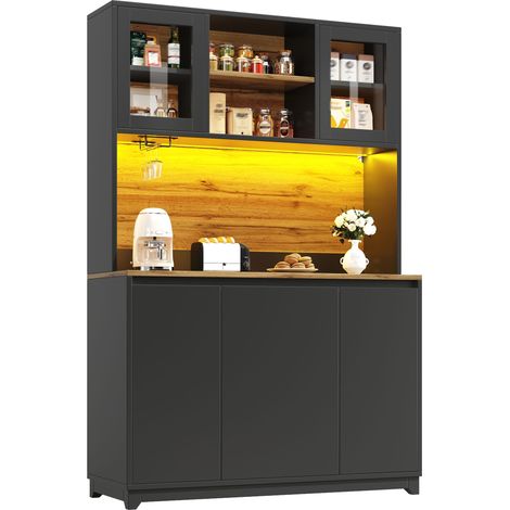 Meuble de cuisine haut 120x40x180 cm, buffet colonne avec portes acryliques et éclairage LED, noir, rangement spacieux pour vaisselle et ustensiles. (1/5)