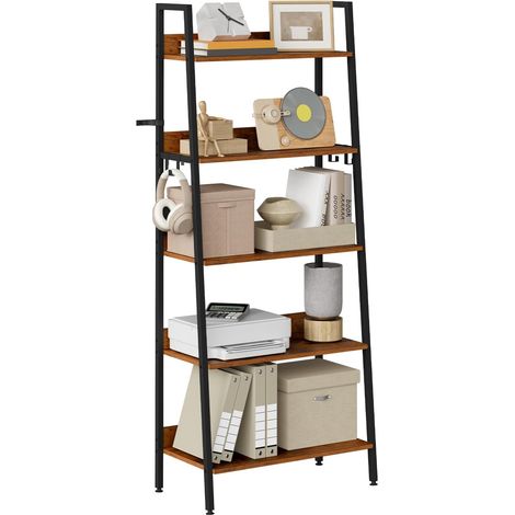 WOLTU Estantería de 5 niveles / Estantería tipo escalera con estructura metálica (madera/MDF) para salón, cocina y oficina – Madera estilo vintage + negro (1/5)