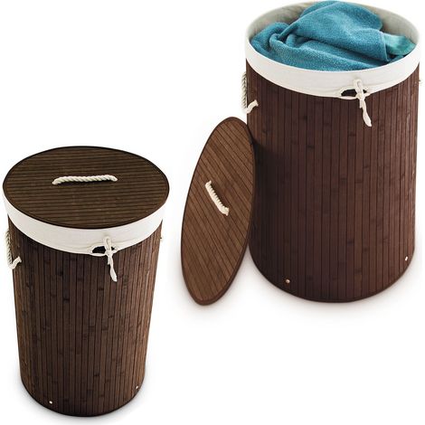2 x Wäschekorb Bambus, faltbare Wäschetonne mit Deckel, Volumen 70 Liter, Wäschesack Baumwolle, rund Ø 41 cm, braun