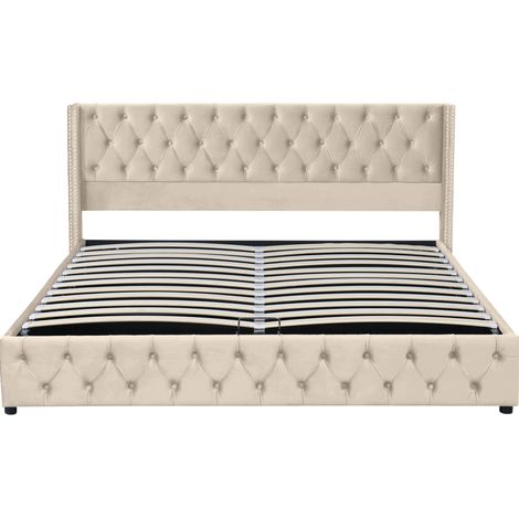 Letto contenitore 160x200 in velluto beige con testiera capitonné e piedi sollevabili (1/5)