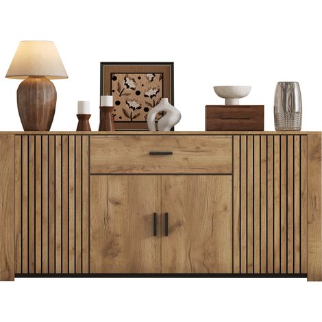 Madia con 4 Ante e 1 Cassetto, Ripiani Regolabili, per Soggiorno e Sala da Pranzo, in Pannello di Particelle, Rovere, 160×40×75 cm (1/5)