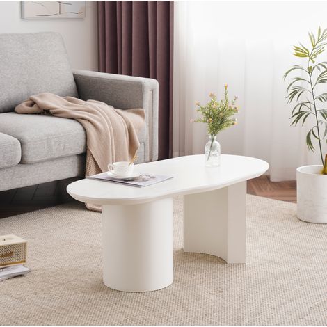 Table basse irrégulière 100x40-50x40,5 cm pour salon, structure stable, MDF laqué blanc (1/5)