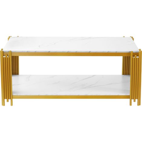 Table basse rectangulaire avec plateau effet marbre et pieds métalliques blanc et doré - H46 x L114 x P64 cm (1/5)