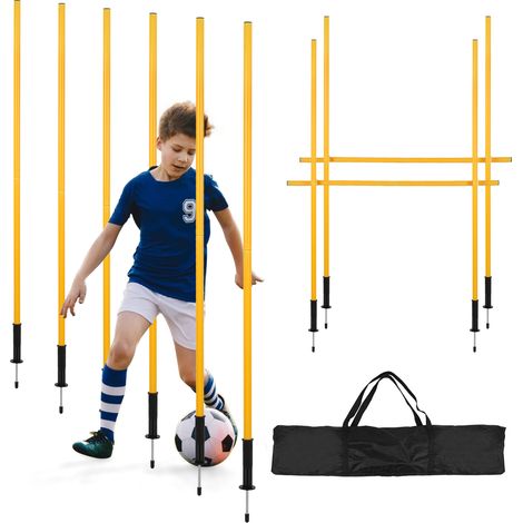 TolleTour Kit de piquets de slalom football 180 cm, 6 poteaux avec 2 barres de haie 100 cm, pointes de sol et sac de transport, jaune, agilité et coordination (1/5)