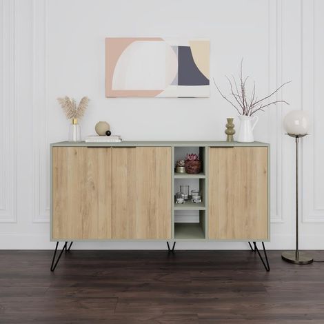 Madia Moderna Credenza 142x83 cm con 3 Ante e Vani a Giorno Quercia e Verde (1/4)