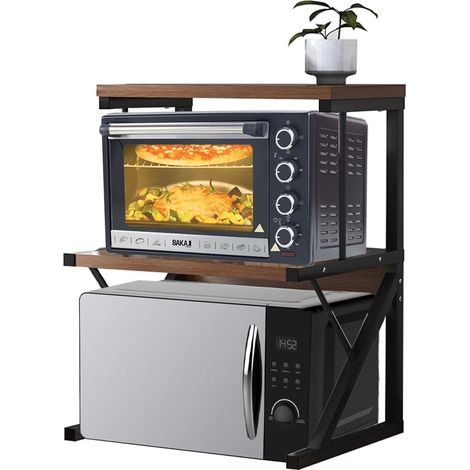 Étagère de Rangement pour Micro-Ondes en Acier, étagère de Cuisine avec étagère à épices, unité d'étagères 2 Compartiments Pieds antidérapants, étagère Design Moderne (Noyer + Noir) (1/5)
