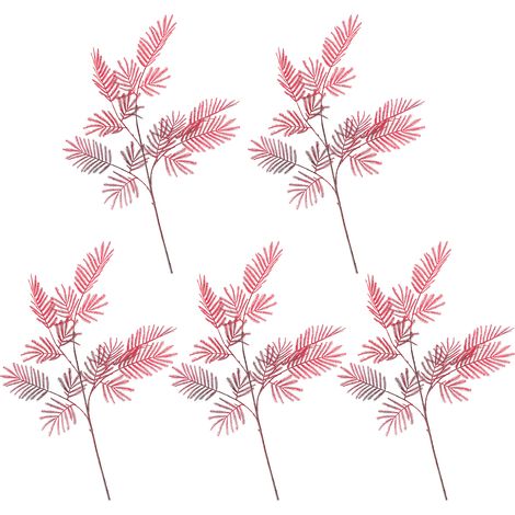 (Lot de 5, feuilles réduites au minimum, tiges courbées) 5 feuilles de fougère mimosa artificielles, couleur rouge automne, 89 cm, pour aménagement paysager extérieur. (1/3)