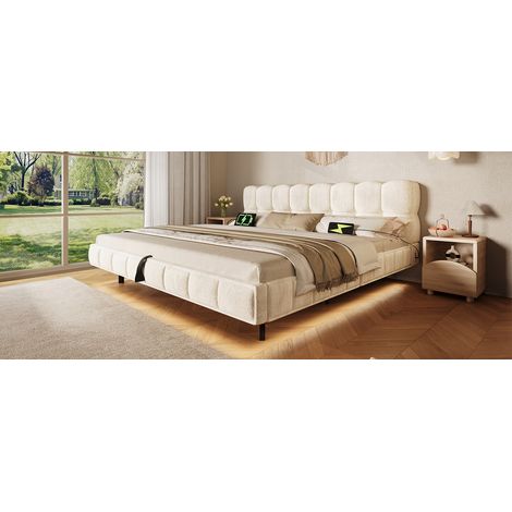 Lit coffre rembourré 140x190 cm en chenille beige, LED, USB-C, USB, sans matelas (1/5)