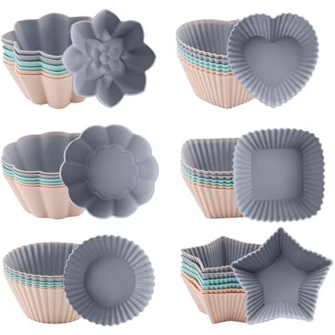 36 Pièces moules à muffins en silicone, 6 types de moules à muffins en silicone anti-adhésif, réutilisables, pour gâteaux, puddings, gâteaux (3 couleurs) (1/4)
