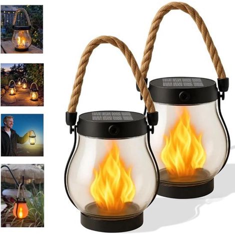Farol solar de exterior de 2 piezas，impermeable，con llama parpadeante，incluye cuerda de cáñamo y es adecuado para colgar en jardines