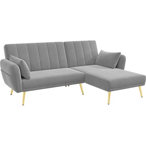 Divano letto angolare a L in velluto grigio 191,5 x 130,5 x 80 cm con 2 cuscini MODENUIT (1/5)