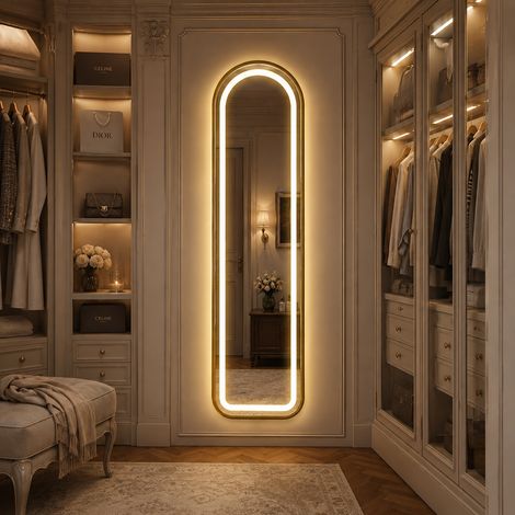 Espejo de cuerpo entero con LED 150x40 cm, espejo de pie para dormitorio y salón, apto para montaje en pared, marco arqueado de aluminio resistente a roturas, dorado (1/5)