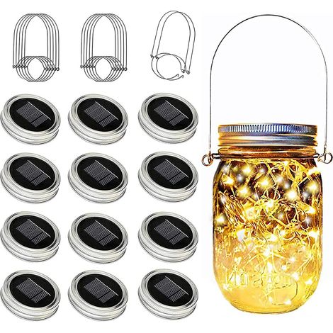 Lot de 12 lampes solaires pour couvercles de bocaux Mason – 20 LED – Étanche – Avec crochets de suspension – Éclairage d'ambiance extérieur, bocaux non inclus (1/4)