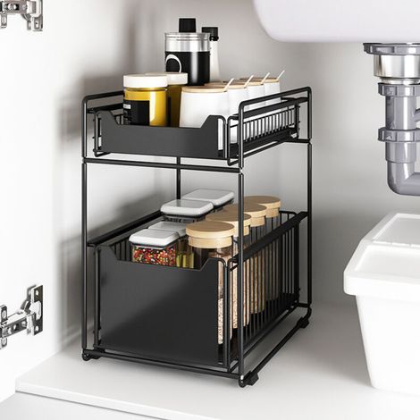 Organisateur de Cuisine à 2 Niveaux Rangement Sous Evier Coulissant Support d'armoire Coulissant Noir (1/4)