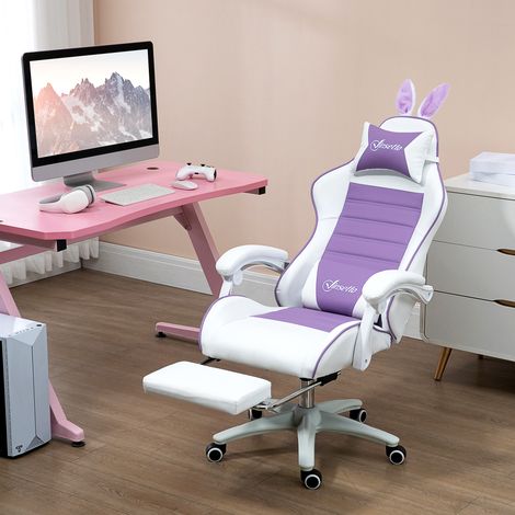 Silla Gaming de Cuero Sintético Reclinable 135° Reposacabezas Soporte Lumbar y Reposapiés 65x63x136-142 cm Púrpura (1/5)