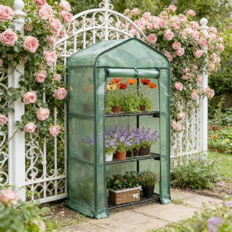 Invernadero de exterior con puerta enrollable y 3 estantes 69 x 49 x 125 cm verde HAVRYA (1/5)