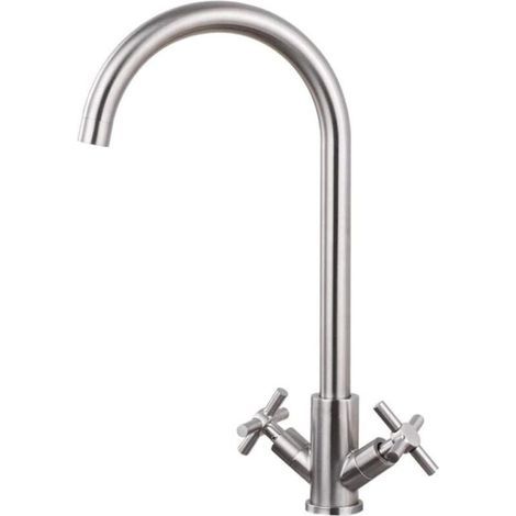 Robinet d'évier de cuisine en acier inoxydable brossé, double poignée, poignées rotatives à 360°, robinet d'eau chaude et froide, sans plomb et sans tuyau (tuyau d'eau chaude non inclus). (1/4)