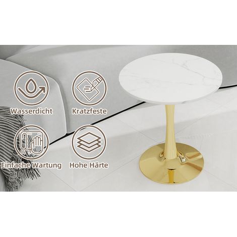 Table basse ronde dorée de 70 cm avec plateau en marbre blanc veiné et style moderne pour salon, salle à manger et bureau (1/5)