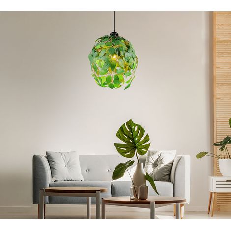 Pendellampe Hängeleuchte Esstischlampe Wohnzimmerleuchte Blätterlampe, Metall Kunststoff schwarz grün, Höhe anpassbar, 1x E27, H 150 cm