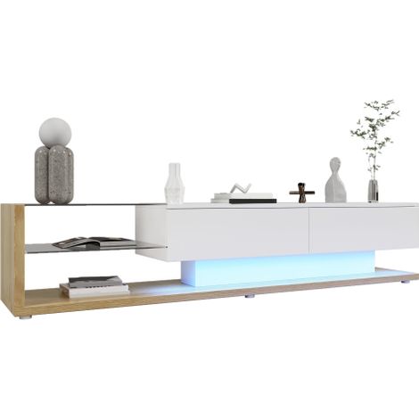 Mobili TV, credenze basse, una combinazione di bianco lucido e tonalità legno. Pareti divisorie in vetro e illuminazione a LED regolabile. Un connubio tra lo stile rustico naturale e il design moderno (1/5)